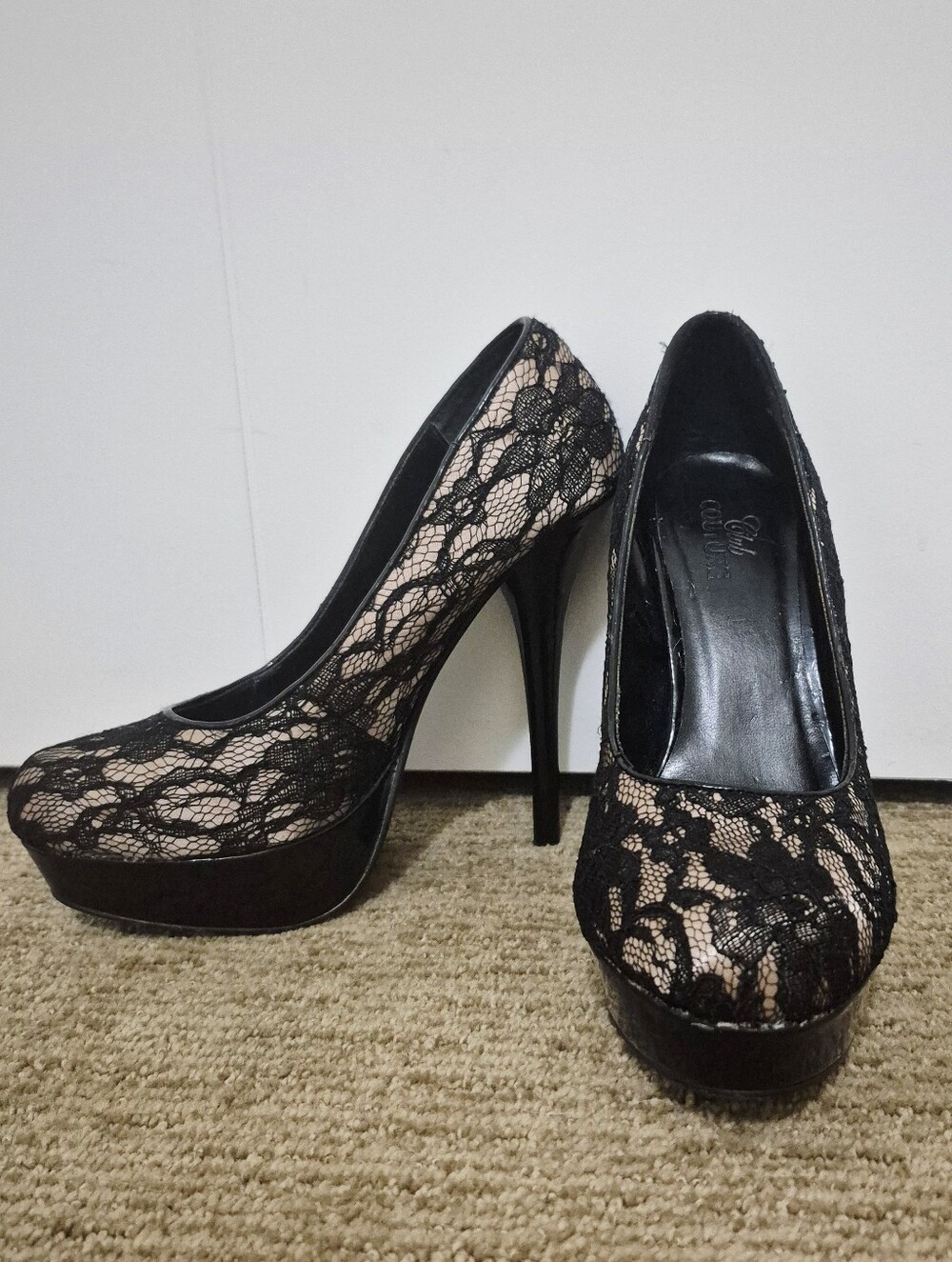 Lace Overlay Nude Platform Pumps - Women Size 8